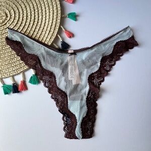 Victoria's Secret Tease Mesh Lace-Trim High-Leg Thong Panty Light Blue L NEW